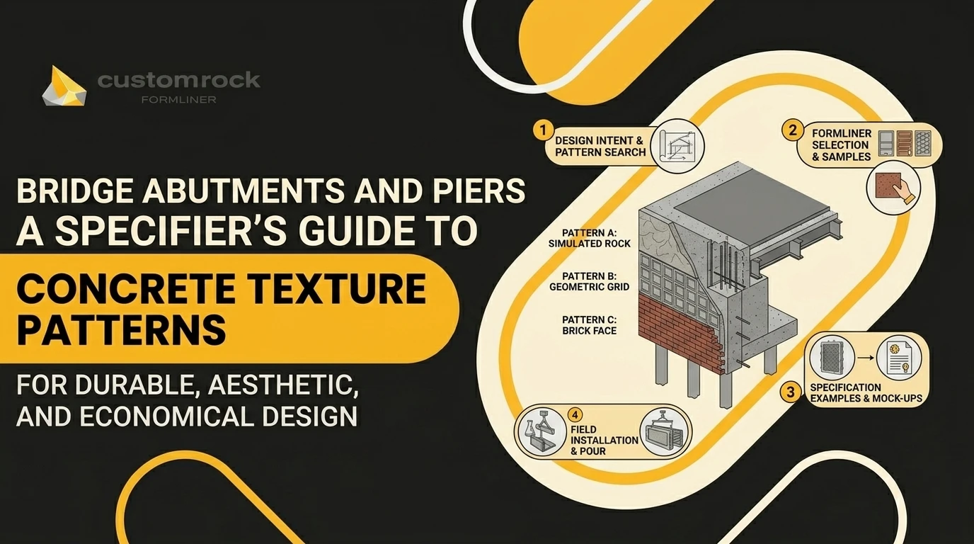 Using the same brand style, regenerate a new image by updating the title from the left of the image for: Bridge Abutments and Piers: A Specifier's Guide to Concrete Texture Patterns and update the graphic on the right with a new design that you will create by following the styles related to Bridge Abutments and Piers: A Specifier's Guide to Concrete Texture Patterns.

Brand style: What you're writing is a reusable instruction block — it gets fed to an AI prompt suggester so every generated cover comes out on-brand. So it needs to be descriptive and directive, not just adjectives. Here's a version built from the actual CSS palette and the architect graphic:

Visual Style Description — Custom Rock Formliner
Palette: Anchored by a near-black charcoal background (#191919 / #141414) with bold amber-yellow (#FEBD16) as the primary accent, supported by softer yellow (#FCBD63) and pale cream tints (#FFF0C9). Neutrals run through a concrete-inspired gray scale (#383838 through #B9B9B9) with white and off-white (#F8F8F8) for surfaces and text. Brick red (#A33936) appears only as an occasional accent within illustrations, never in UI or backgrounds. High contrast throughout — light or yellow elements set against deep charcoal.
Illustration style: Flat vector with clean geometric shapes, no gradients or photorealism. Characters are simplified and modern with muted gray clothing and minimal detail. Decorative elements use large rounded "pill" / stadium shapes and bold outlined loops (yellow and white) as framing devices and background motifs. Generous negative space.
Layout & conventions: Logo top-left. Headlines in heavy uppercase sans-serif (Open Sans family), often with one key phrase highlighted inside a solid yellow rounded bar against the dark background. Text left-aligned; illustration or focal graphic to the right. Composition is balanced and uncluttered.
Mood: Professional, confident, and industrial, but approachable and energetic — the yellow keeps it warm and modern rather than cold or corporate. Conveys craftsmanship and expertise (B2B, aimed at architects and contractors) while staying clean and contemporary.