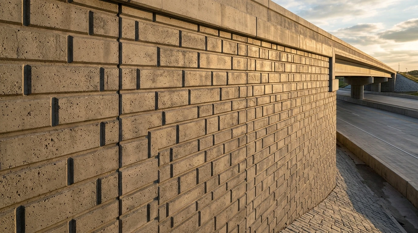 A concrete bridge wingwall with a deep-relief ashlar stone form liner pattern, photographed from a slight angle in afternoon light so the coursing shadow lines are pronounced. The wall is part of a highway overpass, with the roadway visible in the background. The concrete is a warm gray, the texture reads clearly from 30 feet away. No people, no vehicles in frame. Architectural photography style, natural light.