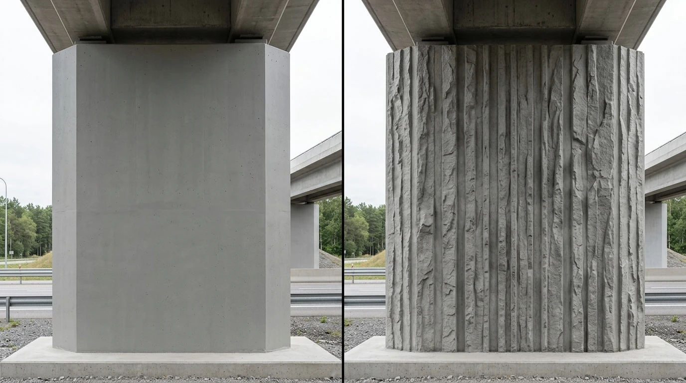 Side-by-side comparison of two concrete bridge pier surfaces: on the left, a smooth flat gray concrete column pier with chamfered edges; on the right, a solid wall pier with a fractured fin form liner pattern casting strong vertical shadow lines. Both photographed from the same distance in even daylight. Clean, technical, architectural documentation style.