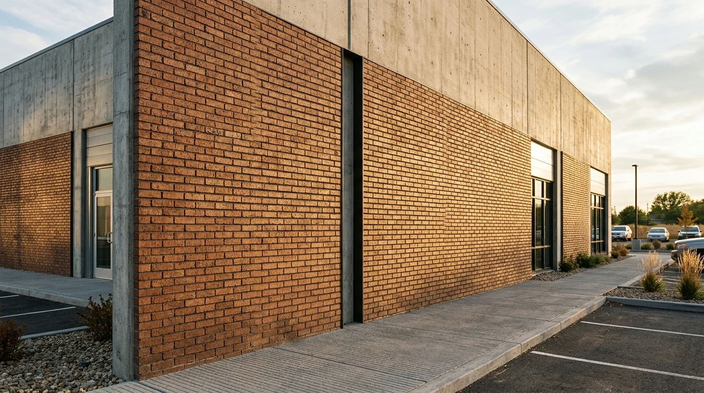 Wide-angle exterior view of a tilt-up commercial building facade clad in thin brick, showing two adjacent concrete panels where the brick coursing is perfectly aligned across the vertical panel joint, with a clean recessed reveal separating the panels. Late afternoon light raking across the surface to emphasize the texture and shadow lines of the brick pattern. Realistic architectural photography style, no people.