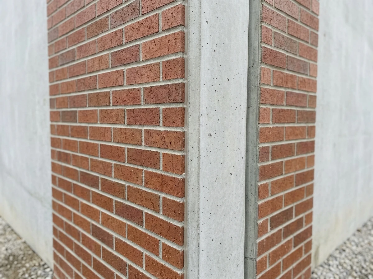 Close-up detail photograph of a tilt-up concrete panel corner showing a thin brick field terminating cleanly at the corner with an expressed concrete chamfered edge return, demonstrating a deliberate design decision rather than a field improvisation. Sharp detail, neutral daylight, no people.