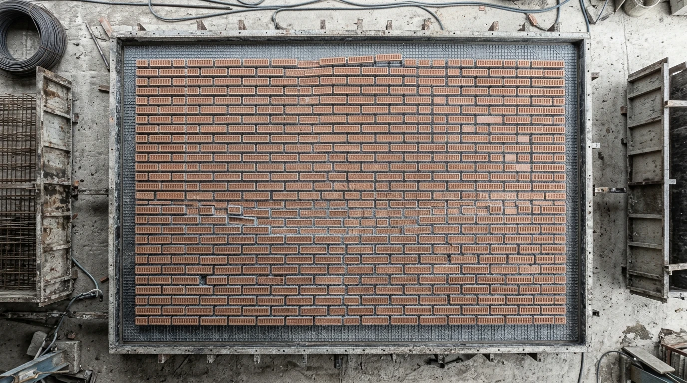 Overhead flat-lay view of a concrete casting bed with thin brick pieces laid face-down in plastic holders arranged in a running bond pattern, showing the liner template on the casting bed before the concrete pour. Industrial setting, realistic documentary photography style, no people.