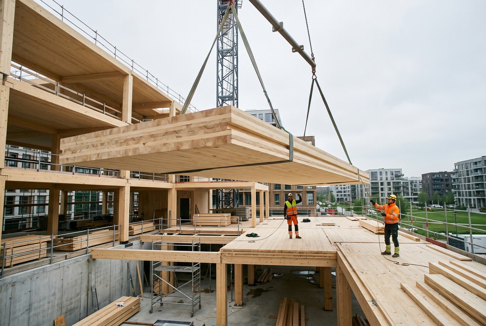 A cross-laminated timber floor panel being craned into place on a timber-framed building