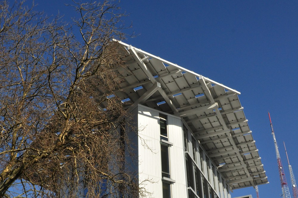 The Bullitt Center in Seattle with its cantilevered rooftop solar array