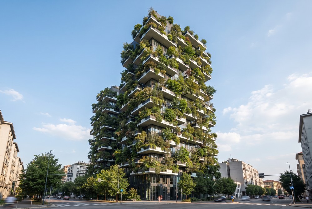 A residential tower with densely planted terraces on every floor