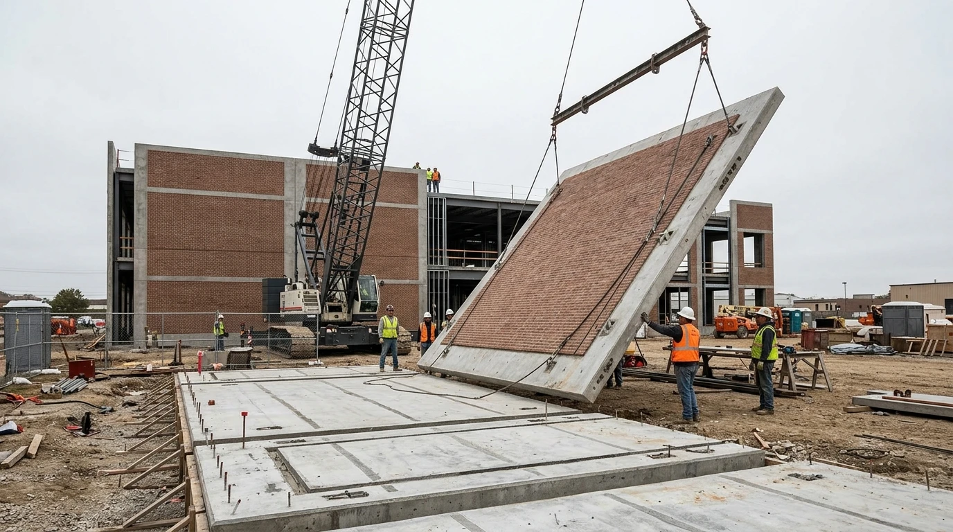 Architectural photography of a tilt-up concrete building facade with thin brick pattern, panels being tilted up by crane on a commercial construction site, horizontal casting slab visible in foreground, overcast daylight, documentary style
