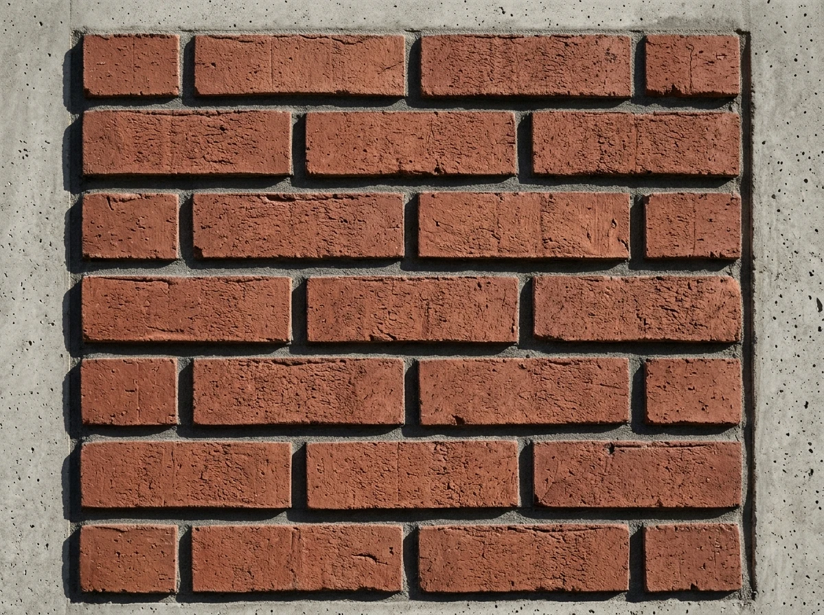 Close-up detail photograph of thin brick embedded in a concrete panel surface, sharp mortar joint lines, consistent coursing, slight relief casting shadow lines, neutral gray concrete background, studio lighting from one side to emphasize texture depth