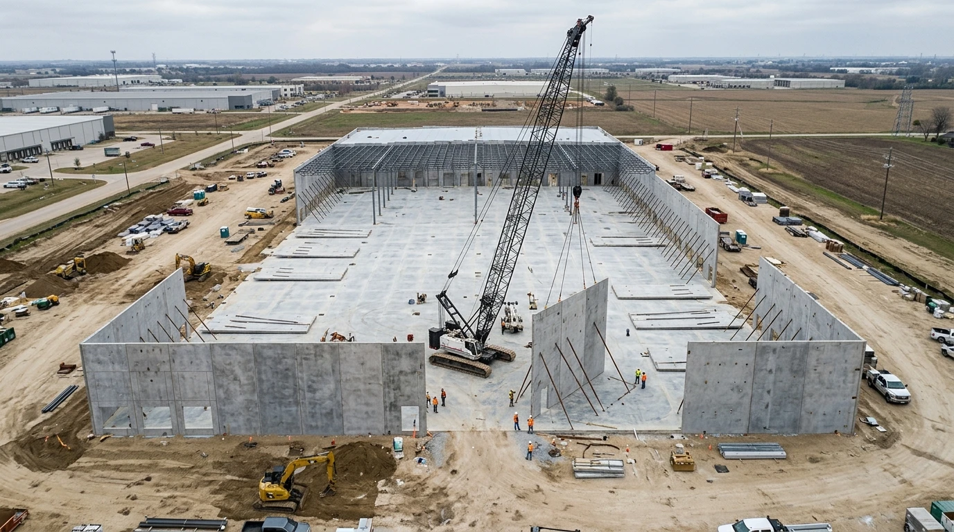 Aerial perspective of a large commercial tilt-up warehouse under construction, concrete panels being tilted into position by a crane, flat site with slab-on-grade, overcast industrial sky, photorealistic architectural photography style