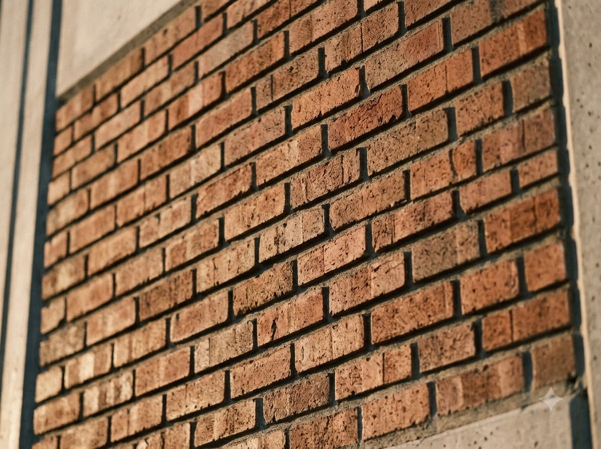 Close-up detail of a tilt-up concrete panel face showing cast-in thin brick pattern in running bond, sharp shadow lines in the mortar joints, warm afternoon light raking across the surface to emphasize texture and relief, architectural photography
