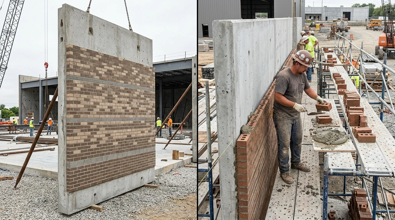 Split-image comparison: left side shows a tilt-up panel with thin brick form liner pattern cast in, right side shows traditional brick masonry veneer being laid by a mason on scaffolding against a concrete panel, neutral documentary photography style