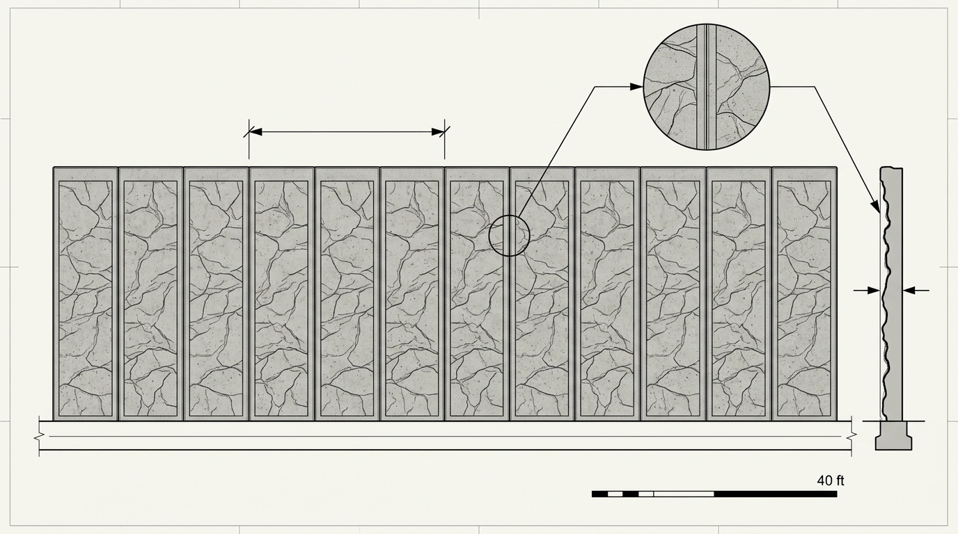 Elevation diagram of a long concrete wall showing form liner seam alignment tolerance, pattern repeat interval, and corner return module callouts.